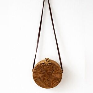 Round Woven Rattan Crossbody Bag with Leather Strap